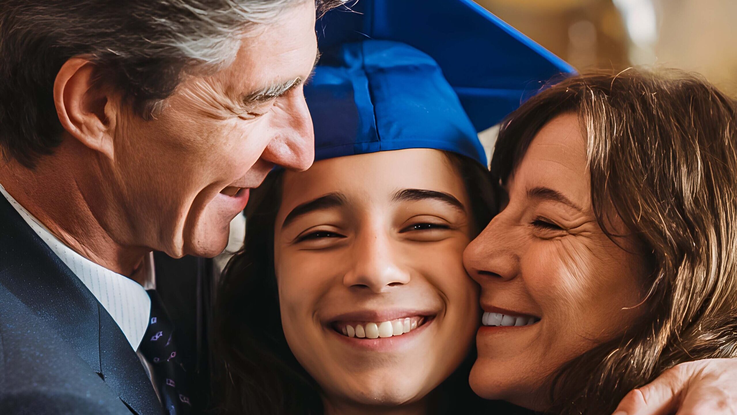 Foto de padres abrazando a hija en la graduación