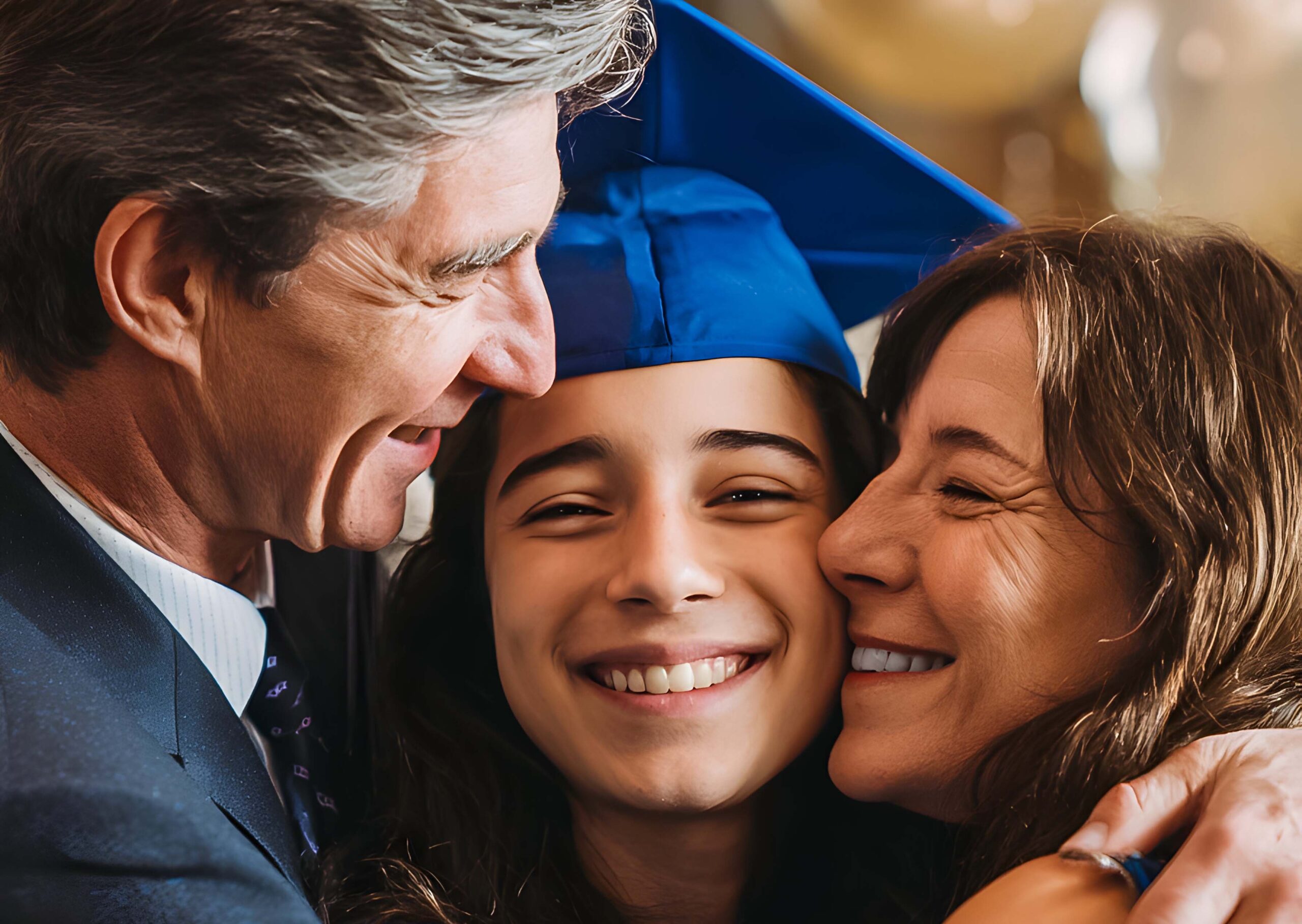 Foto de padres abrazando a hija en la graduación